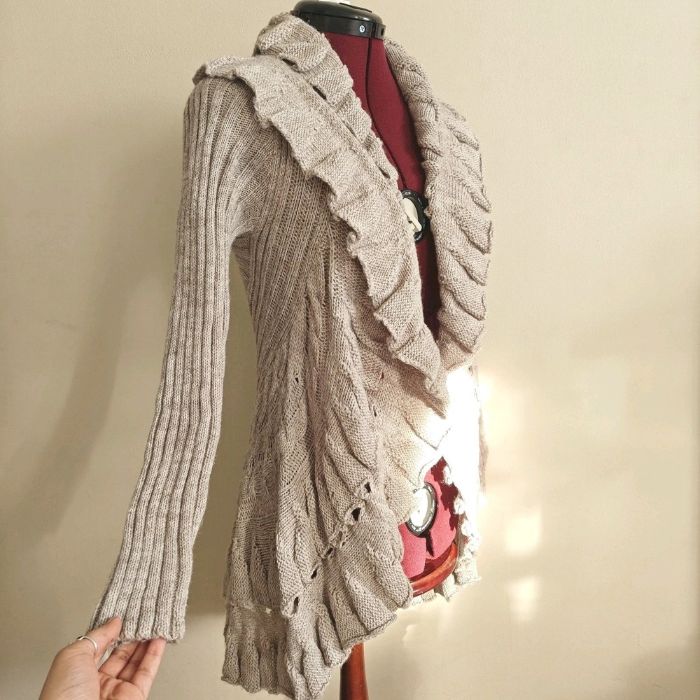 John Fashion Womens Knit Cardigan Sweater Small Open Front Drape Gray Ruffle Y2K - Picture 1 of 7